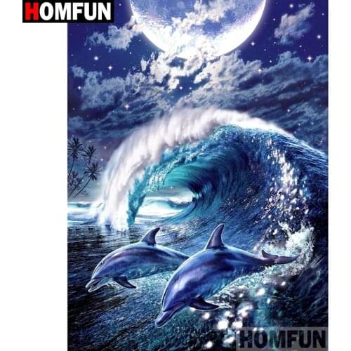 HOMFUN Paint With Diamond Embroidery "Animal dolphin moon" Diamond Painting Full Square Round Picture Of Rhinestone Decor A27277