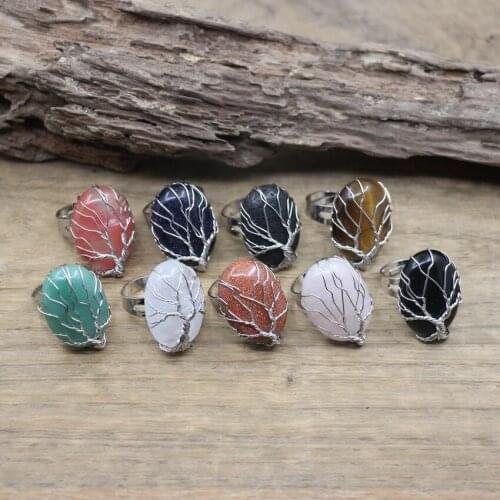 Oval Natural Stone Tree of Life Ring Silver Color Wire Wrap Healing Crystal Quartz Resizable Ring Women Fashion Jewelry,QC4031