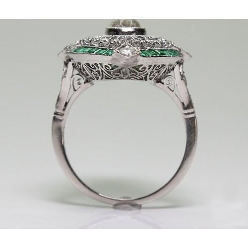 Female Big Green Geometric Stone Ring Fashion White Gold Filled Ring Unique Vintage Wedding Rings For Women