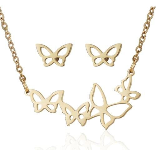 Animal Butterfly Gold Color Stainless Steel Sets For Women Necklace Earrings Jewelry Set Wedding Jewelry Valentines Day Gift
