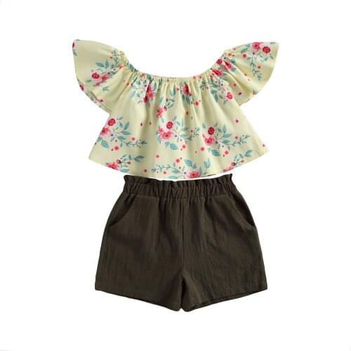 Cute Kids Baby Girls Clothes Sets Flowers Print Ruffles Short Sleeve T Shirts Top+Short 2pcs Summer Outfits 1-6Y