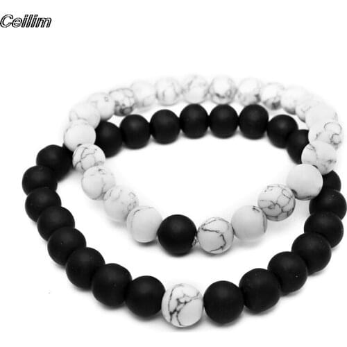 2Pcs Couples Distance Bracelet Set Classic Natural Stone White and Black Natural Beaded Bracelets for Men Women Best Friend