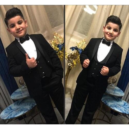 2020 New Black Kids Wedding Tuxedos Handsome 3 Pieces Shawl Lapel Pants Suits Handsome Boys Formal Wear(Jacket+vest+Pants)