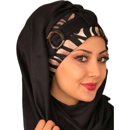 Yeni Moda Hijab Müslüman Başörtüsü İslami Türban Şapka Fular Kahve Kaplan Desenli Siyah Hazır Şal