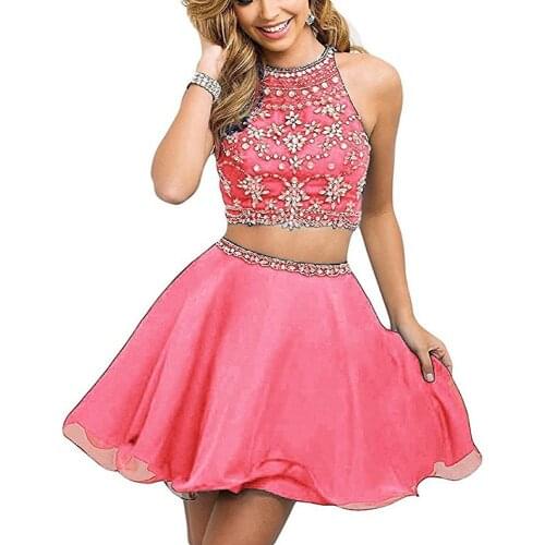 Halter Homecoming Dress Short Beading Crystal Pink Cocktail Dress Two Pieces Backless Sexy Royal Blue Junior Vestidos Customize