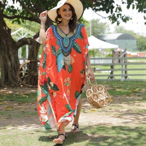 Amazing Flowers Print Kaftan Beach Wear Maxi Style Exquisite Vneck Dress Ornamented Floral Pattern Gown Resortwear Orange Caftan