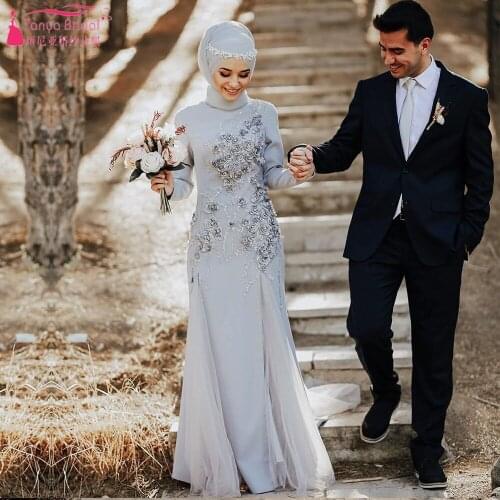Silver Muslim Wedding Dresses Long Sleeve 3D Flowers Elegant Bridal Gowns Kaftan Abiti Da Sposa unique Engagement Dress ZW338