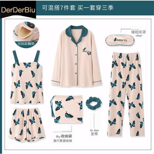 Spring Autumn Sleepwear Butterfly Print Cotton Womens 7 Pieces Pajama Sets With Chest Pad Ladies sleep tops Female Home Clothes