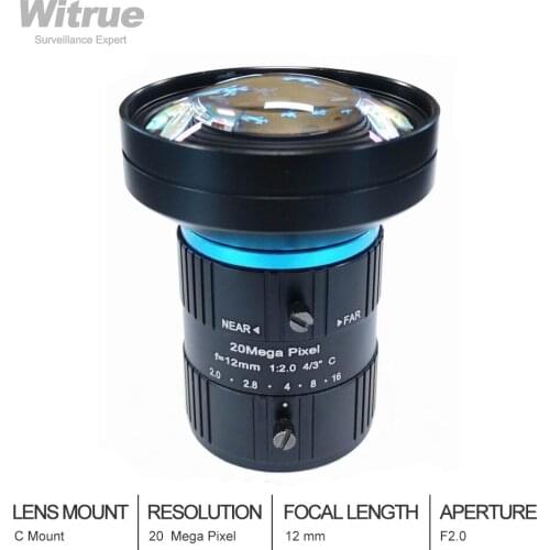 Witrue HD Industrial CCTV Lens 20 Megapixel C Mount 12mm 4/3" Low Distortion F2.0 for 4K Surveillance Security Cameras