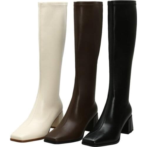 2021 Ladies New Square Toe Knight Boots Comfortable Thick Heel Ladies Stretch Shoes Microfiber Leather Spring Autumn Knee Boots