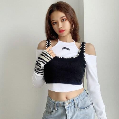 Fall 2021 INS New Womens Crop Clothes Fake Two Piece Stitching Strapless Slim Long Sleeve Crop Top Casual Cotton Halter T Shirt