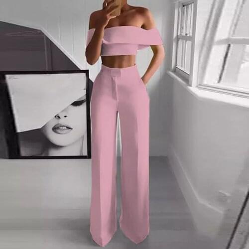 Solid Off Shoulder Women Wide Leg Pants Set Slash Neck Crop Tops And High Waist Bottom Ladies Suit Summer Sexy Club 2 Piece Sets