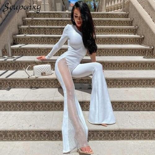 High Quality 2021 Summer WomenS Bodycon Flared Jumpsuit Sexy One-Shoulder Long-Sleeved Mesh Diamond Patchwork Party Jumpsuit