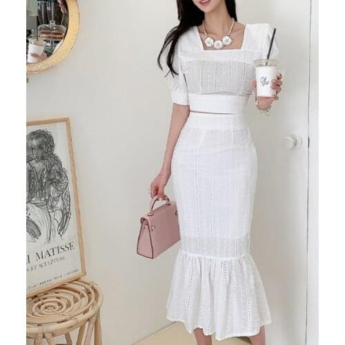 Summer Women 2 Piece set Office OL Elegant Hollow Out Embroidery Square collar Puff Sleeve Tops+High waist Mermaid Bodycon Skirt