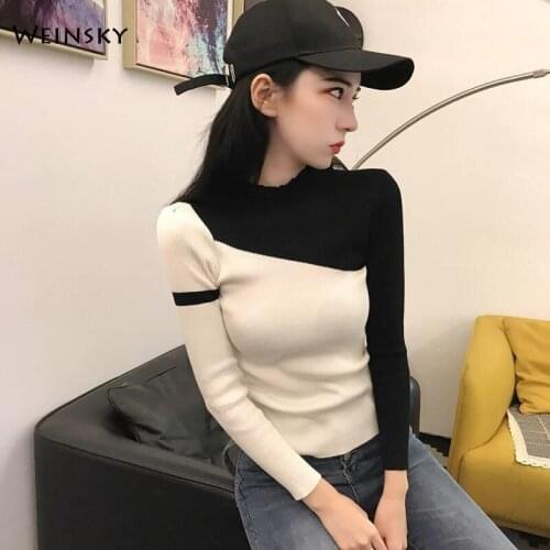 Women Knitted Jumper Turtleneck Sweater And Pullovers Korean Fashion Style Patchwork Sweater Autumn And Winter 2019 New Tops
