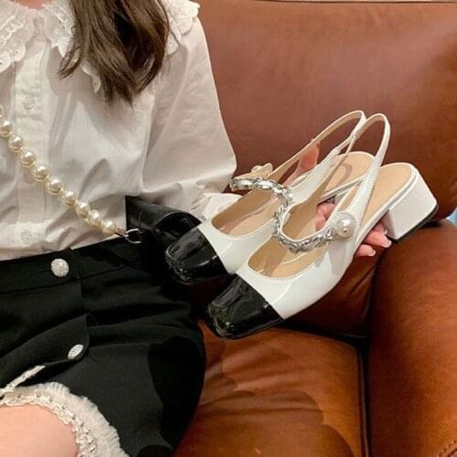 2021 Shiny Mixed color sandals women pearl metal chain mary janes slides thick heels sandalias summer patent leather shoes woman