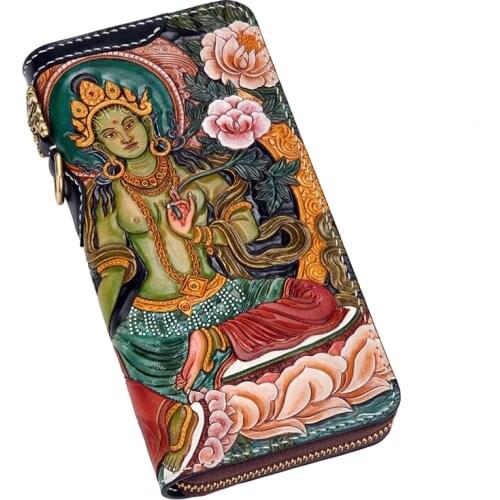 Genuine Leather Wallets Carving Green Tara Buddhism Purses Men Long Clutch Vegetable Tanned Leather Wallet Card Holder