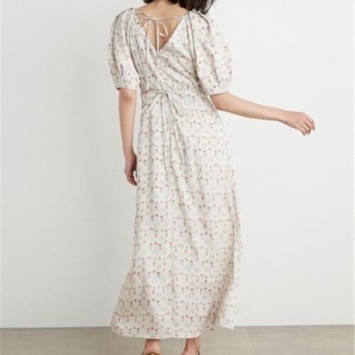 Elegant Backless Lace-up Slim A Line Midi Dress V-neck Puff Short Sleeve Femme Robe Summer Vintage Print Vestidos De Mujer