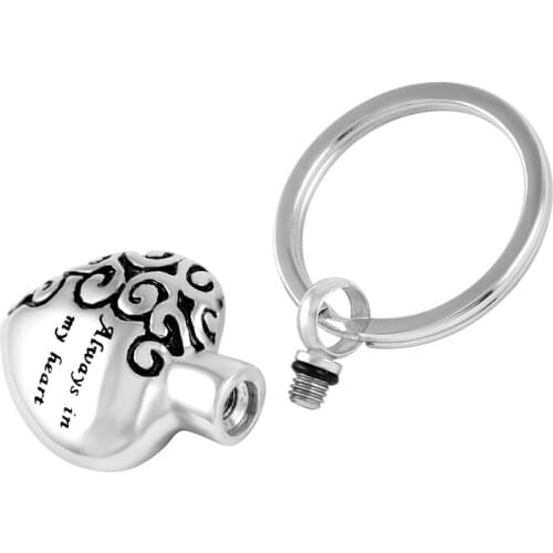 IJK2063 Always In My Heart Stainless Steel Heart Shape Cremation Keepsake Keyring Ashes Memorial Souvenir Keyring Jewelry