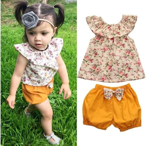 2pcs Toddler Kid Baby Girl Summer Clothes Floral Print T-Shirt Tops Shorts Outfits Set