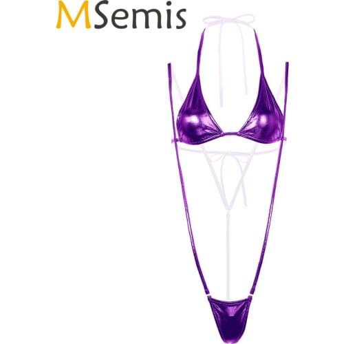 Women Micro Bikini Lingerie Set Shiny Metallic Halter Self-tie Mini Bra Top with Suspender G-String Briefs Sexy Strappy Swimsuit