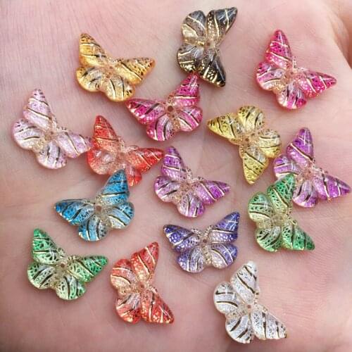 Pretty 200pcs Resin Colorful Crystal Butterfly Flat Back Rhinestone Scrapbook DIY Wedding Appliques 1 Hole Ornament Craft G41
