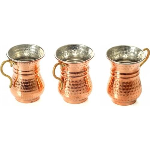 Traditional Handmade Copper Mug Cup for Cold Drinks Enjoy Ayran 3 Pcs Set Turkish Culture Medium Size Tankard