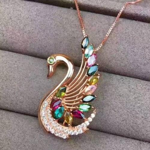 Natural multicolor tourmaline pendant S925 silver Natural gemstone Pendant Necklace trendy swan women lovers wedding jewelry