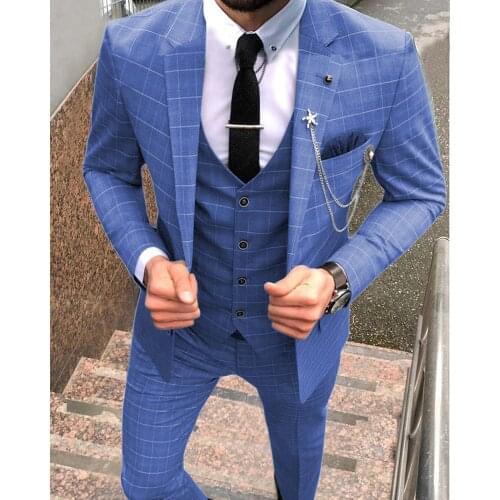 Mens Suit Slim Fit 3-Piece plaid Suits Blue for Men Business Party Tuxedo for Wedding Groom Suit