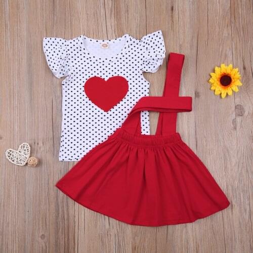 Valentines Toddler Baby Girls Clothes Sets 1-6Y Polka Dot Heart Print Ruffles Sleeve T Shirts Tops Strap Dress