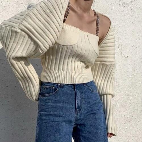 Autumn/Winter New Products Female Street Fashion Casual Temperament Warmth Chain Knitted Sling Two-piece Sweater Women Cardigan
