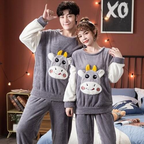 Couple Thick Warm Flannel Pajama Sets For Men Winter Long Sleeve Cute Cartoon Coral Velvet Sleepwear Suit Women Homewear Clothes