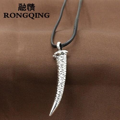 RONGQING 12pcs/lot 2018 Tooth Pendant Wax Rope Necklace Cool Fang Pendant Necklace for Men and Women