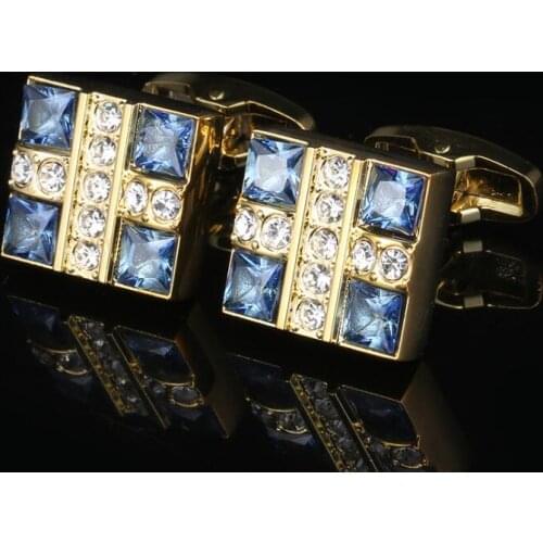Luxury Blue&White Crystal Cufflinks Golden Square Crystal Cuff Link Shirt Cuff Button Men Fashion Jewelry Wedding/Business 5pair