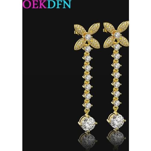 OEKDFN Luxury Real 925 Sterling Silver Drop Earrings White Topaz Gemstone Dangle Diamonds Bowknot Yellow Gold Fine Jewelry Gift