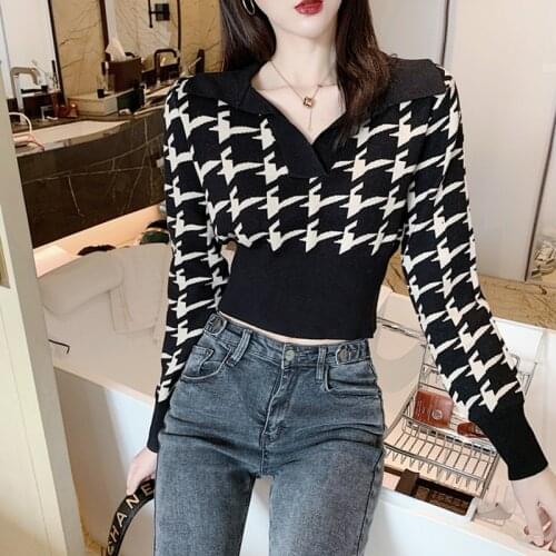 V-Neck Pullover Sweater Womens 2021Spring Autumn New Style Korean Fashion Short Casual Retro Long Sleeve Knitting Sweater Female