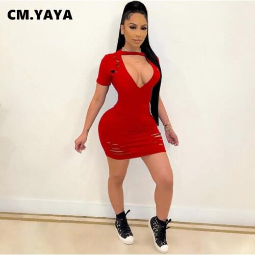 CM.YAYA Women Dress Solid Hole V-neck Short Sleeve Elastic Sheath Mini Dresses Female Sexy Night Club Dress Summer Outfit 2021