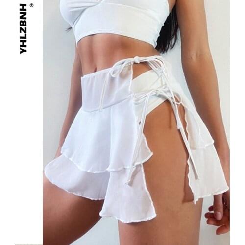 YHLZBNH Women Beach Skirt Side Lace Up Chiffon High Waist Ruffled Hem Short Skirts Solid Summer Cover-Ups Garment Female