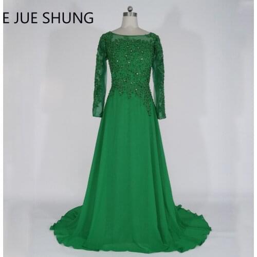 E JUE SHUNG Green Chiffon Long Sleeves Evening Dresses Long Lace Appliques Beaded Formal Dresses Mother of the Bride Dresses