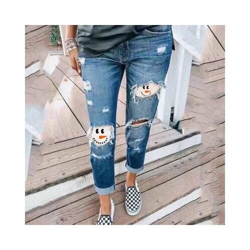 Women Christmas Jeans Loose Plus Size Trousers Snowman Print Ripped Jeans Sexy Hollow out High Waisted Denim Pants 2020