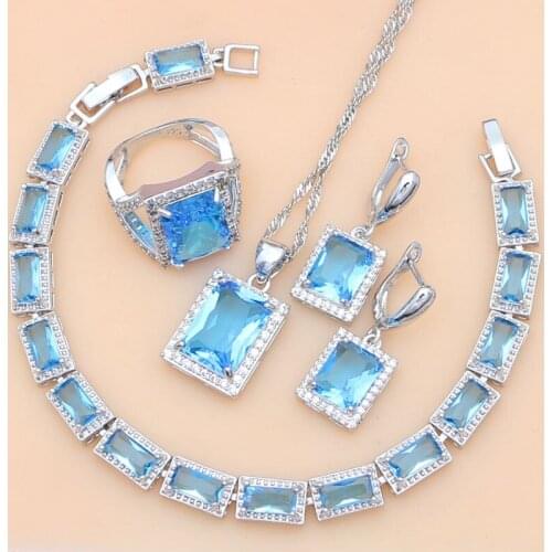 Square 925 Silver Bridal Jewelry Blue Cubic Zirconia Jewelry Sets For Women Earrings/Pendant/Necklace/Rings/Bracelet