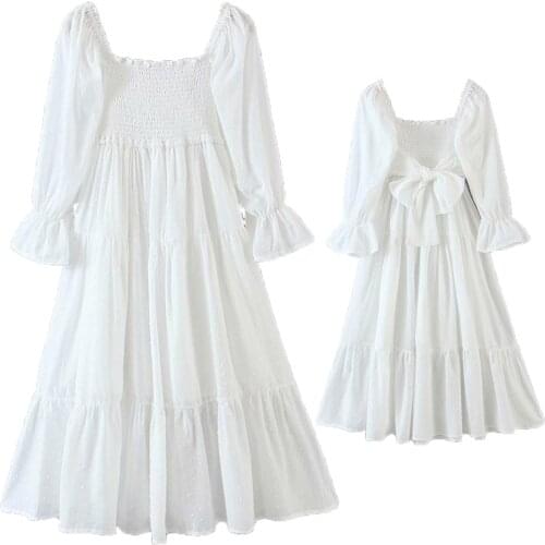 New Elegant Womens Flowy White Dress Sexy Square Neck Back Bow Tie A-line Midi Party Dresses Summer Robe Femme High Quality