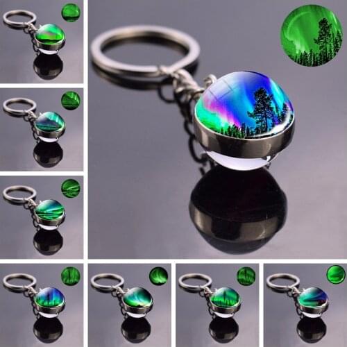 1PCS Luminous Northern Lights Glass Ball Keychain Glass Cabochon Jewelry Aurora Double Side Keychains Glowing In The Dark