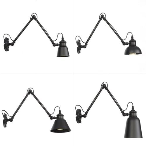 American Country Retro Long Arm Wall Lamp Bedside Reading Lamp Decoration Bedroom Living Room Loft Up Down Wall Led Lights Black