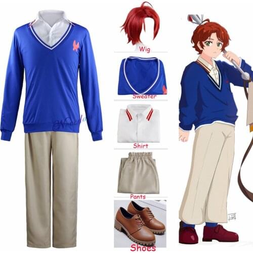 Anime Cosplay Costume WONDER EGG PRIORITY Momoe Sawaki Uniform Suit Halloween Costume Blue Knitted Top Wig Shoes