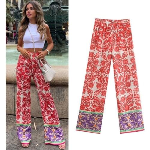 WESAY JESI Pants Fashion Autumn Vintage Totem Printed Woman Clothes Straight Long Trousers Patchwork Elastic High Waist Pants