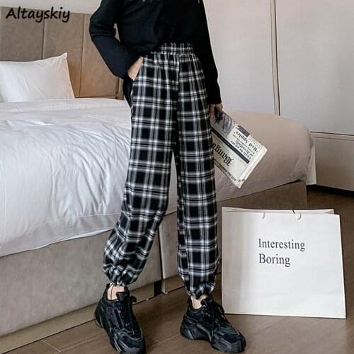 Pants Women Plaid Popular High Waist Spring Ankle-length Trendy Retro Shirring All-match Female England Style Hip-hop Streetwear