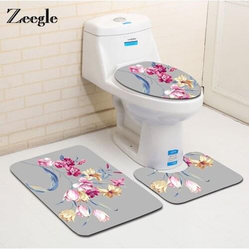 Floral Printed Bath Mat Bathroom Floor Mat Absorpt Toilet Carpet Rugs Non-Slip Toilet Floor Rugs Toilet Lid Cover Rug Floor Mat