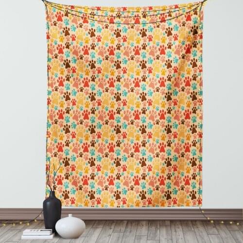 Dog Lover Tapestry Colorful Paw Print Pattern Puppy Satin Fabric Wall Hanging for Bedroom Living Room Dorm Meeting Background