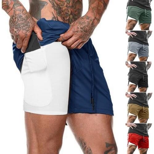 Hot kf-Mens Double Layer Solid Color Shorts Plus Size Fitness Training Basketball Jogging Five-Point Pants